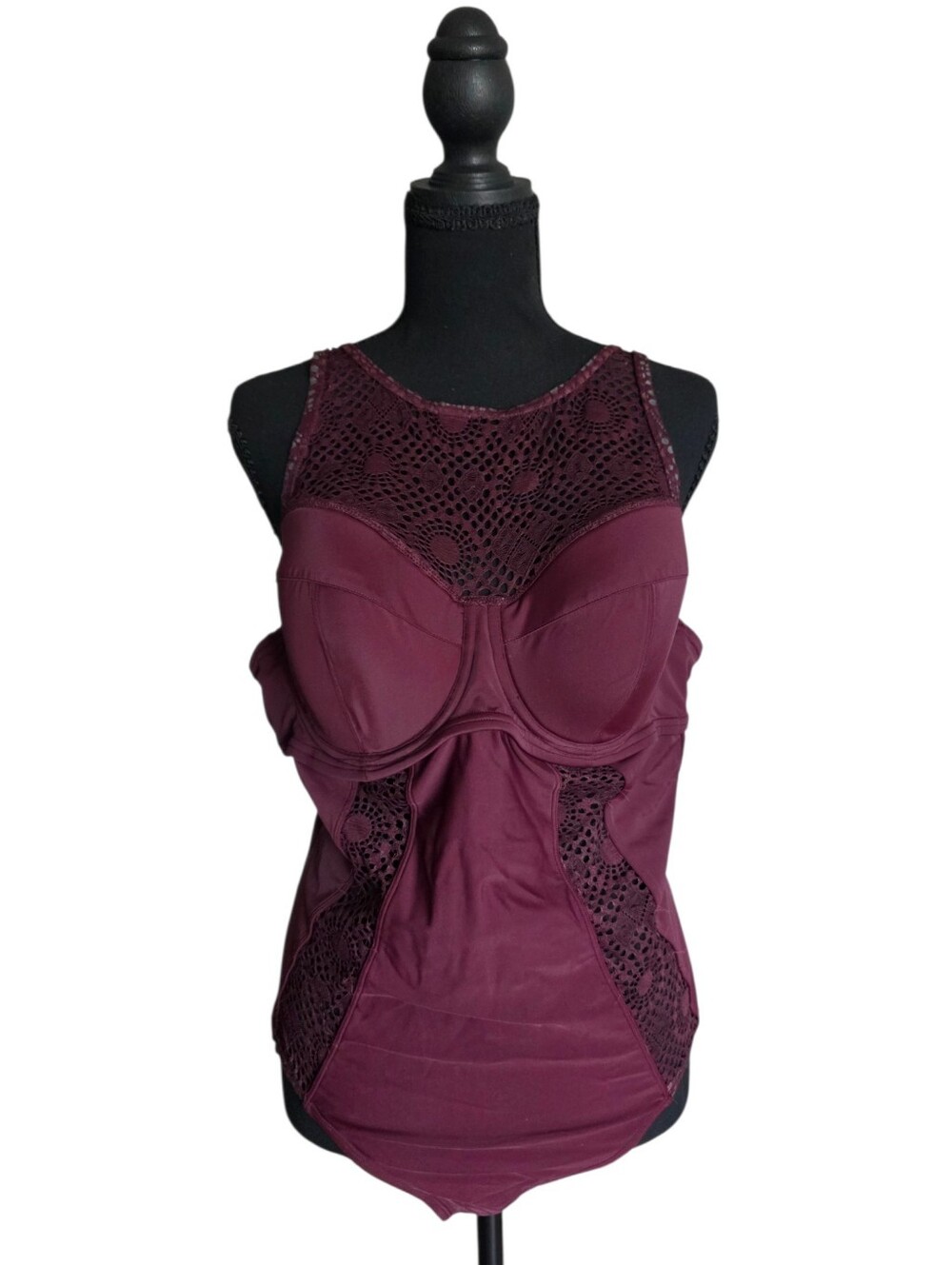 Women's Lace Panel One-Piece Swimsuit - Burgundy
